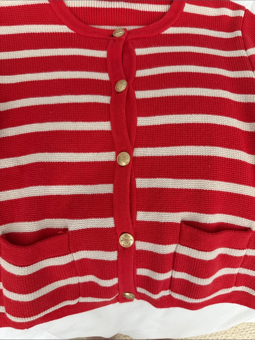 J. Crew Red and Cream Striped Button Cardigan - Picture 3 of 3